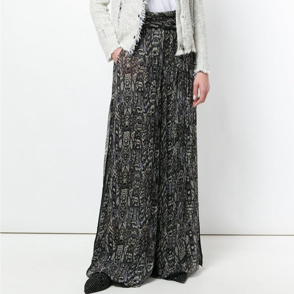 IRO Gixie Black Gray Abstract Print Pattern Chiffon Wide Leg Trouser Pants 38